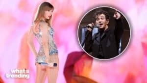 Taylor Swift performing on stage with a microphone and a circular inset of singer Conan Gray pointing while singing