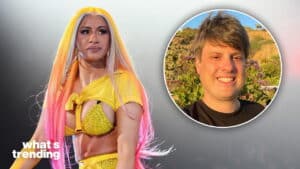 Person with long pink and yellow hair wearing a yellow outfit, with an inset of a smiling man outdoors in sunlight