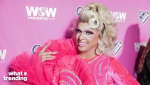 Drag queen in bright pink outfit with rhinestones posing at WOW Presents Plus event backdrop