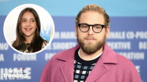 Actor Jonah Hill wearing glasses and a pink coat with an inset image of a smiling young woman with long brown hair.