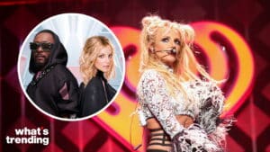 Britney Spears performing on stage with inset of Black Eyed Peas members will.i.am and J. Rey Soul.