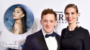 A man in a tuxedo and a woman in a black dress pose at an event, with an inset of singer Ariana Grande.