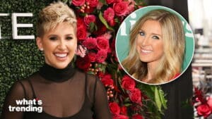 Young woman with short blonde hair smiling in front of a floral wall, inset of a blonde woman smiling