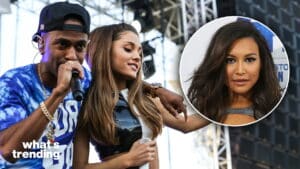 Big Sean and Ariana Grande performing on stage with an inset photo of Naya Rivera at an event.