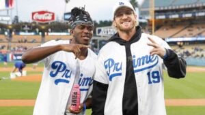 LOS ANGELES, CA - MARCH 31: Logan Paul and KSI pose with Prime hydration bottles prior to a regular season game between the Arizona Diamondbacks and Los Angeles Dodgers on March 31, 2023, at Dodger Stadium in Los Angeles, CA.