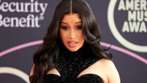 Host Cardi B attends the 2021 American Music Awards Red Carpet Roll-Out with Host Cardi B at L.A. LIVE on November 19, 2021 in Los Angeles, California.