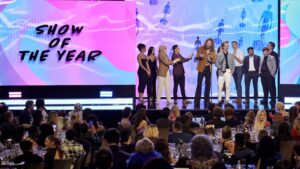 Rhett McLaughlin and Link Neal (Good Mythical Morning) with crew accept the Show of the Year Award onstage during the 2022 YouTube Streamy Awards at The Beverly Hilton on December 04, 2022 in Beverly Hills, California.