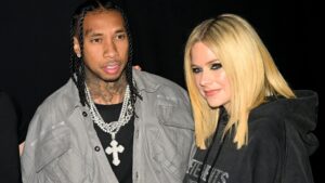 Tyga and Avril Lavigne attend the Mugler x Hunter Schafer party as part of Paris Fashion Week at Pavillon des Invalides on March 06, 2023 in Paris, France.