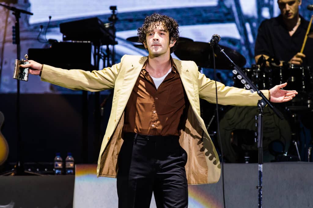 Matthew Healy of The 1975 performs live on stage during day two of Lollapalooza Brazil at Autodromo de Interlagos on March 25, 2023 in Sao Paulo, Brazil. 