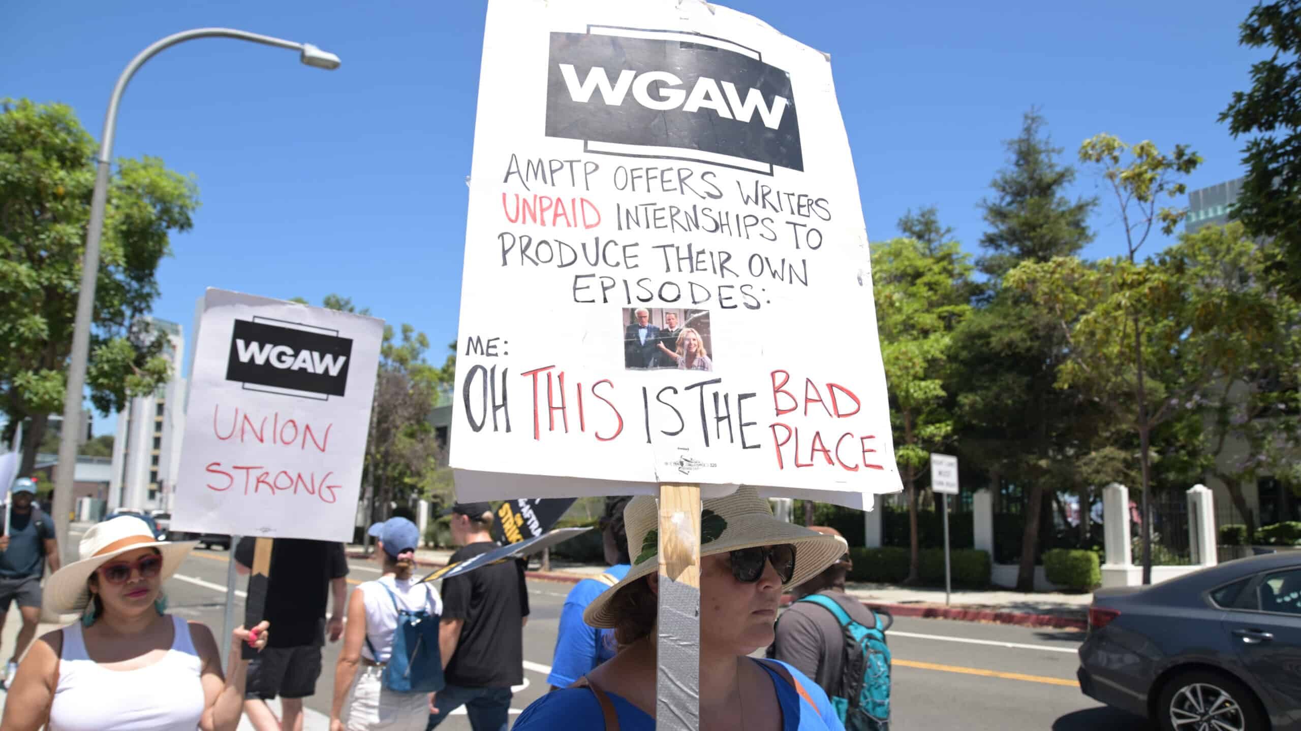 LOS ANGELES, CALIFORNIA - JULY 19: Members and supporters of SAG-AFTRA and WGA walk the picket line at Amazon Studios on July 19, 2023 in Culver City, California. Members of SAG-AFTRA, Hollywood's largest union which represents actors and other media professionals, have joined striking WGA (Writers Guild of America) workers in the first joint walkout against the studios since 1960. The strike could shut down Hollywood productions completely with writers in the third month of their strike against the Hollywood studios.
