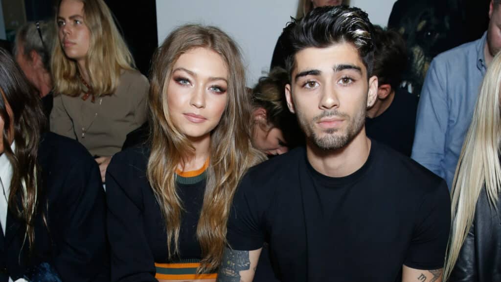Gigi Hadid and Zayn Malik attend the Versus Versace show during London Fashion Week Spring/Summer collections 2016/2017 on September 17, 2016 in London, United Kingdom.