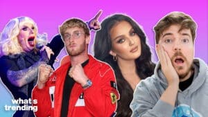 Drag queen, Logan Paul in red Ferrari jacket, woman with long dark hair, and surprised man in gray hoodie on purple background