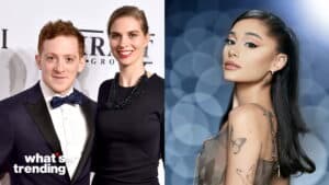Two people posing at an event on the left and Ariana Grande with butterfly tattoos on the right