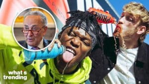 KSI and Logan Paul pouring Prime energy drink on themselves with an inset of Chuck Schumer speaking