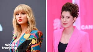 Taylor Swift in a colorful patterned blazer and a woman in a pink blazer against a pink background