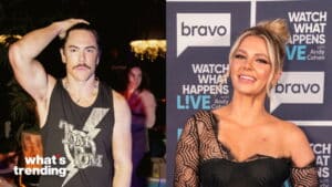 Man in a black Tom Tom tank top with mustache and woman in black lace dress at Bravo's Watch What Happens Live event