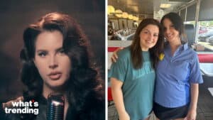 Lana Del Rey speaking into a microphone with "what's trending" text, and Lana Del Rey posing with a fan in a diner.