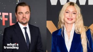 Leonardo DiCaprio in a black suit and Gigi Hadid in a blue velvet blazer at a Netflix event.