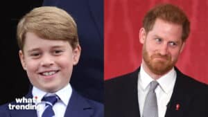 Prince George smiling in a suit and Prince Harry in a suit with a red background