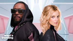 Black man in sunglasses and hoodie and blonde woman in black jacket posing back to back with "what's trending" text in corner