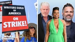 Writers Guild of America strike protester holding sign and actors Ron Perlman, Leslie Jones, and Mark Ruffalo collage