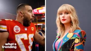 Kansas City Chiefs player in red jersey reacting and Taylor Swift in colorful patterned blazer with red lipstick