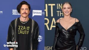 Tom Sandoval in a striped jacket and Becca Tobin in a black leather dress at separate events