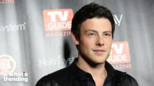 Actor Cory Monteith at a TV Guide Magazine event with Nutrisystem branding in the background