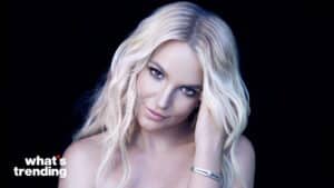 Blonde woman with wavy hair and silver bracelet posing against black background with "what's trending" text