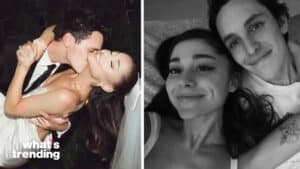 Ariana Grande and Dalton Gomez sharing a kiss and smiling together in two photos.