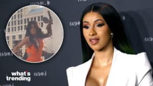 Cardi B in a white outfit at a Fashion event with an inset of her holding a showerhead in an orange dress outdoors