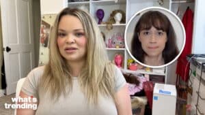 Trisha Paytas speaking in a room with wigs and a Hello Kitty purse, inset of a woman with brown hair and bangs.