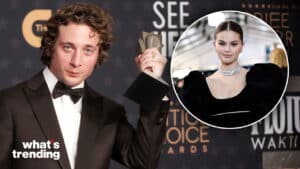 Austin Butler holding a Critics Choice Award with an inset of Selena Gomez in a black dress and pearl necklace