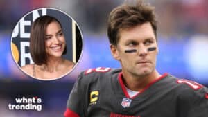 Tom Brady in Tampa Bay Buccaneers uniform with inset of smiling Irina Shayk at an event
