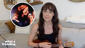 Woman playing ukulele on couch with inset of a painted woman holding a microphone and "what's trending" text