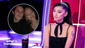 Ariana Grande sitting on a red chair with a butterfly tattoo on her arm, inset photo of a smiling couple.