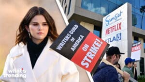 Selena Gomez with a Writers Guild of America strike sign outside Sunset Bronson Studios with Netflix and KTLA5 logos visible