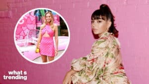 Dua Lipa in floral dress against pink wall with inset of Margot Robbie in pink polka dot dress by pink car