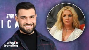 Man smiling in front of Star Trek backdrop with inset of Britney Spears in white blouse