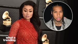 Blac Chyna in a red dress at the Grammys with an inset photo of rapper Tyga with braided hair and chains