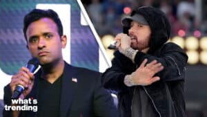 Hasan Minhaj holding a microphone and Eminem performing with a microphone in a black hoodie.