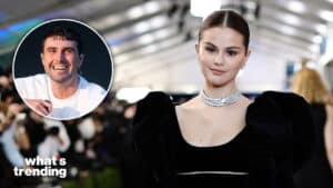 Selena Gomez wearing a black dress and diamond necklace at a formal event, inset of a smiling man in a white shirt
