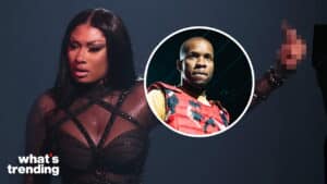 Megan Thee Stallion with a pixelated middle finger and inset of Tory Lanez in a red vest on dark background