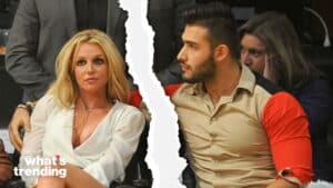 Britney Spears and Sam Asghari sitting together with a torn paper effect between them and "what's trending" text.
