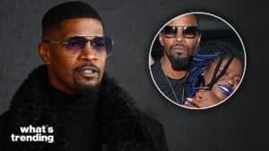 Jamie Foxx wearing sunglasses and a black fur coat with an inset of him and a woman with blue lipstick and braids smiling together