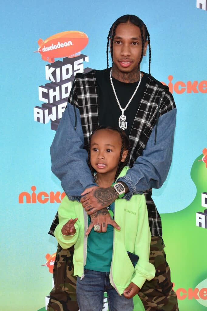 US rapper Tyga and son King Cairo arrive for the 32nd Annual Nickelodeon Kids' Choice Awards at the USC Galen Center on March 23, 2019 in Los Angeles.