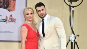 Britney Spears and Sam Asghari attend the Los Angeles premiere of "Once Upon A Time In Hollywood" at TCL Chinese Theatre on July 22, 2019 in Hollywood, California. (Photo by David Crotty/Patrick McMullan via Getty Images)