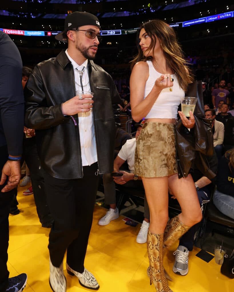 Rapper Bad Bunny and Kendall Jenner attends Game Six of the Western Conference Semi-Finals of the 2023 NBA Playoffs between Golden State Warriors against the Los Angeles Lakers on May 12, 2023 at Crypto.com Arena in Los Angeles, California.