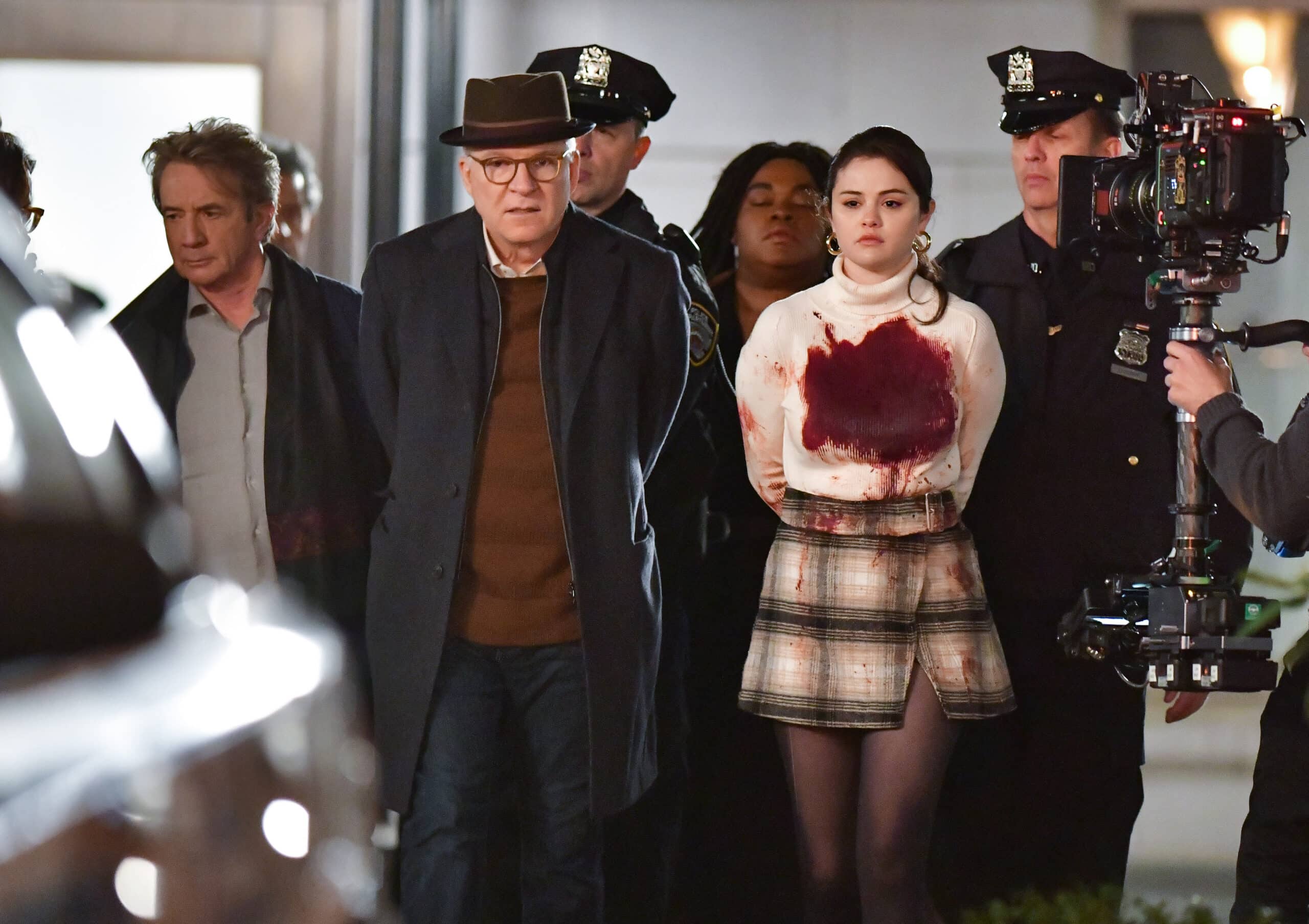 NEW YORK, NEW YORK - APRIL 10: Martin Short, Steve Martin and Selena Gomez seen on the set of 'Only Murders in the Building' on the Upper West Side on April 10, 2021 in New York City.