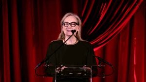 NEW YORK, NEW YORK - SEPTEMBER 29: Meryl Streep speaks onstage at the Clooney Foundation For Justice Inaugural Albie Awards at New York Public Library on September 29, 2022 in New York City.